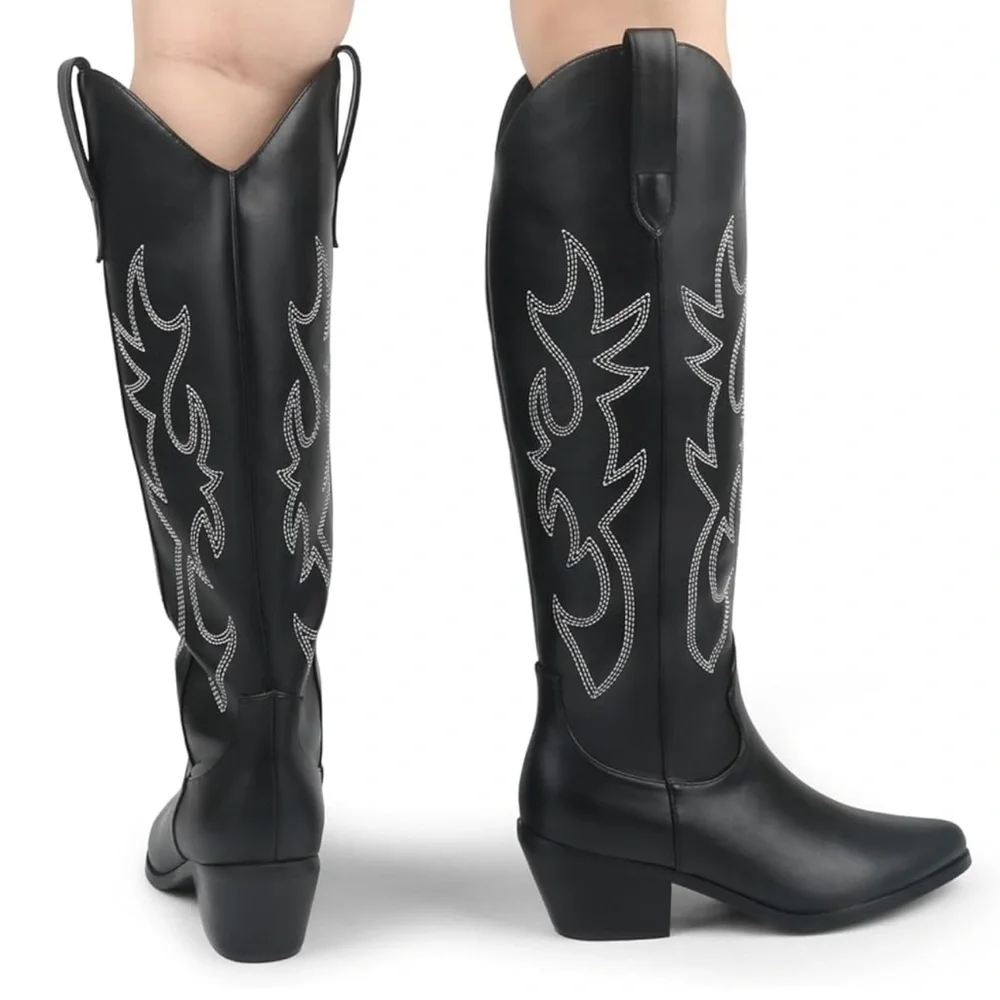 🤠 Black Embroidered Knee-high Cowboy Boots - Picture 6 of 6